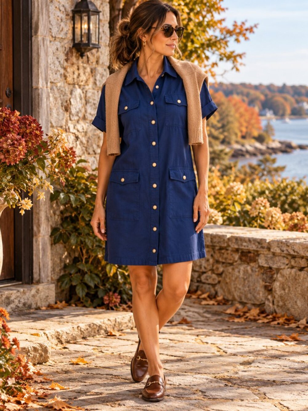 J.Crew Linen Shirt Dress Womens 14 Blue Button Front Utility Coastal Preppy